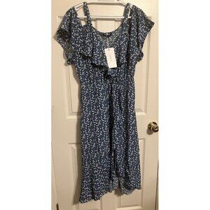 Womens BLOOM CHIC Dress Off Shoulder High Low Hem Floral Blue Size 10 NWT